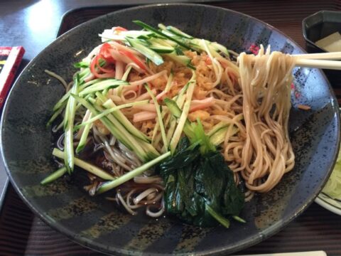 カニかまとほうれん草入りの冷やしたぬき