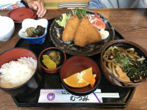 奥様のアジフライ定食。ご飯、小鉢、オレンジ、うどんの小丼が付く