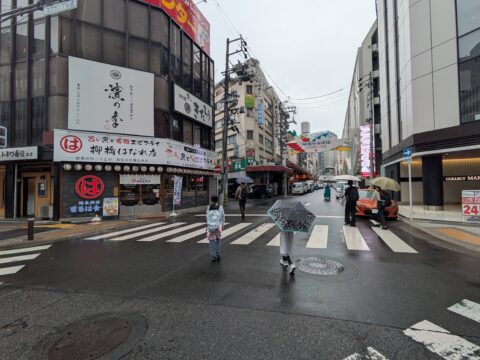 雨の柳橋中央市場|まるは食堂「柳橋はなれ店」前の横断歩道を傘をさして歩く娘たち