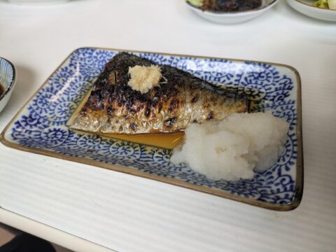 魚源食堂の炭火焼き鯖｜こんがり焼いた鯖に大根おろしを添えて、三杯酢でいただく
