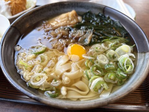薬味を投入したきしめん。刻みねぎ、天かす、鶉の卵が加わって完成