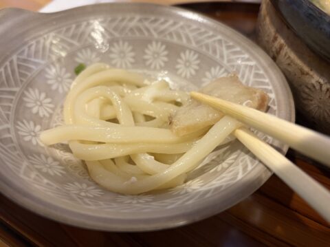 人見知りうどんのうどんを取り皿に。ツルツルとした太めのうどん