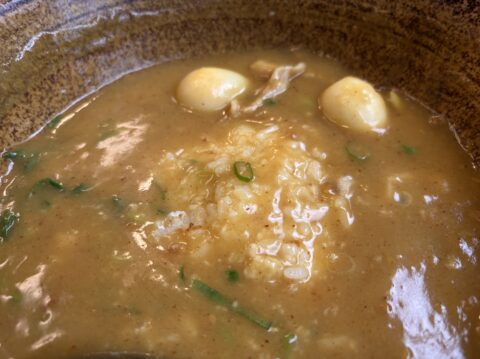 勢川本店の豊橋カレーうどん。うどんを食べ終えると現れるとろろご飯の「白い大地」