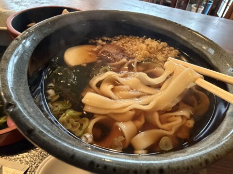 天かすを投入したきしめんを箸で持ち上げたところ