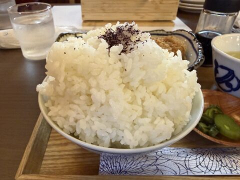 喜与女茶寮のランチのご飯。茶碗からそびえ立つてんこ盛り