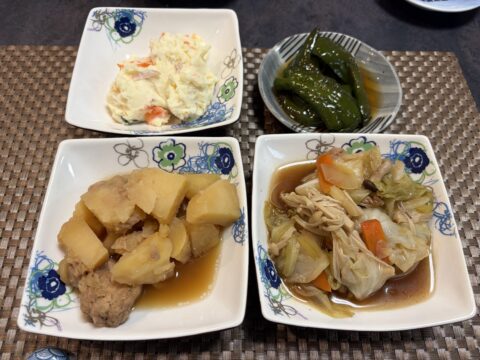 魚源食堂のお惣菜。ポテトサラダ、ししとうの煮浸し、里芋の煮物、野菜の炒め煮