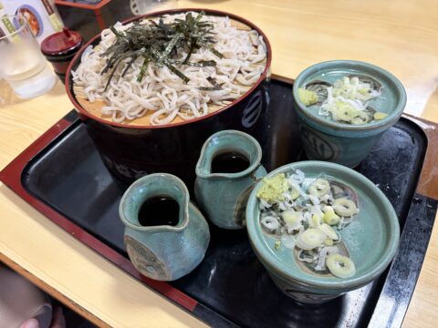 ざるそば。海苔の掛かったそばと、汁と薬味が二人分