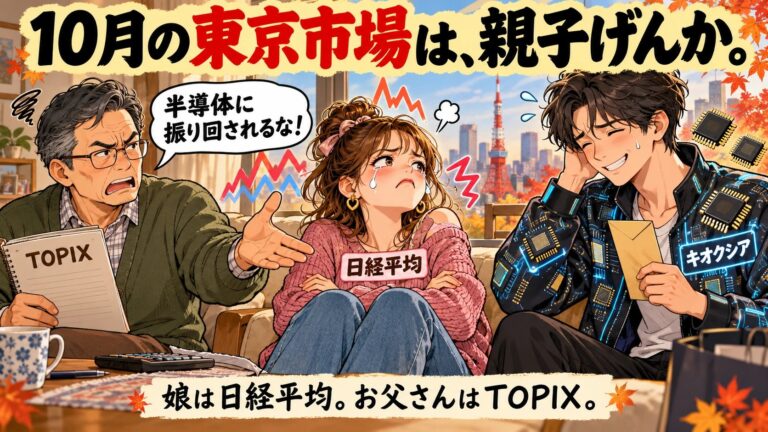 日経平均（娘）とTOPIX（お父さん）の親子げんかと、娘の彼氏キオクシアのイラスト