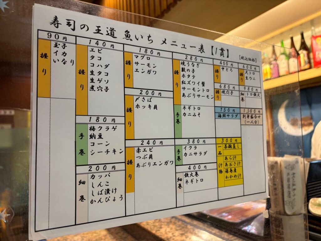 魚いちのメニュー表(1貫の値段)